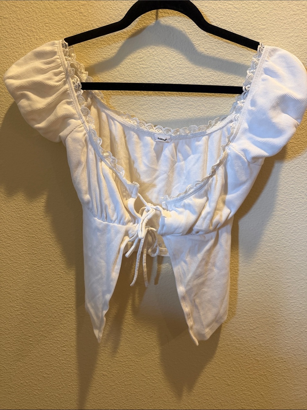 Garage White Puff Sleeve Tie-Front Crop Top